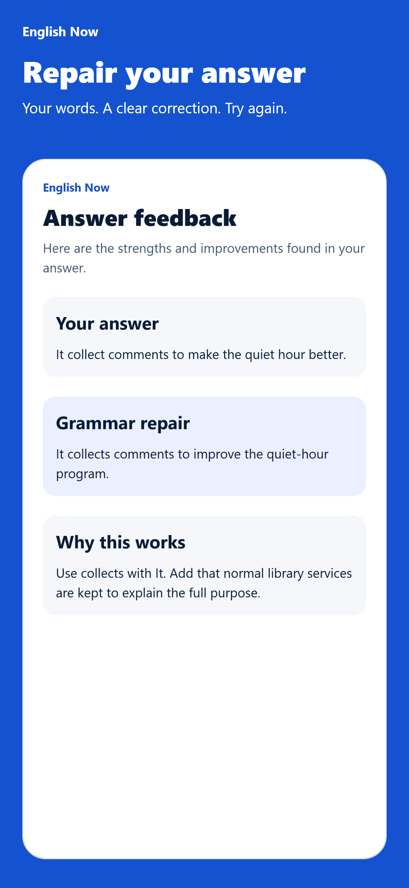 English Now transcript and speaking feedback